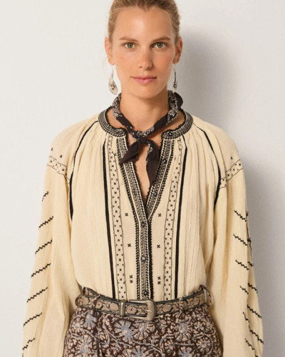 BLUSA ALGODÓN CREMA BORDADOS NEGROS