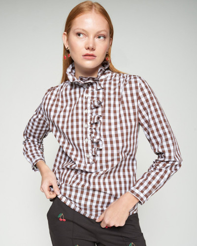 CAMISA VOLANTES VICHY MARRON