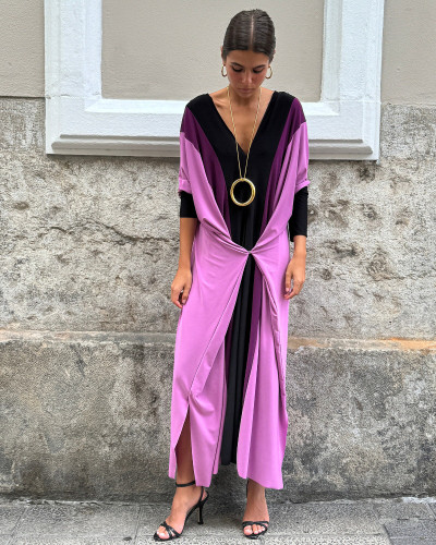 VESTIDO  CONTRASTES MORADO AJUSTABLE CINTURA