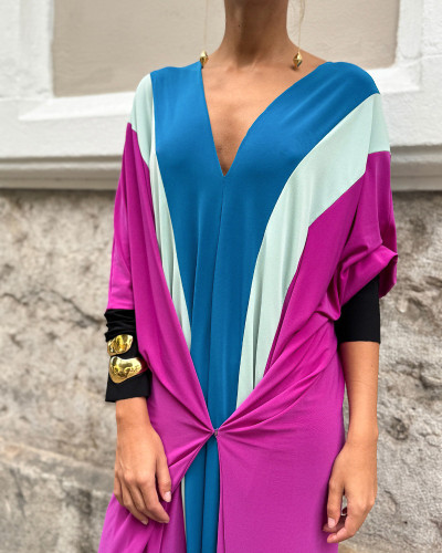 VESTIDO  CONTRASTES AZUL AJUSTABLE CINTURA