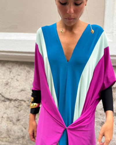 VESTIDO  CONTRASTES AZUL AJUSTABLE CINTURA