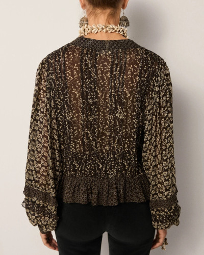 BLUSA VOLANTES ESTAMPADA NEGRA