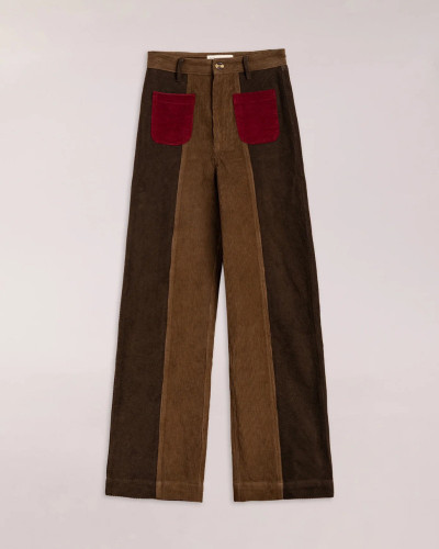 PANTALÓN PANA MARRÓN CONTRASTES GRANATES