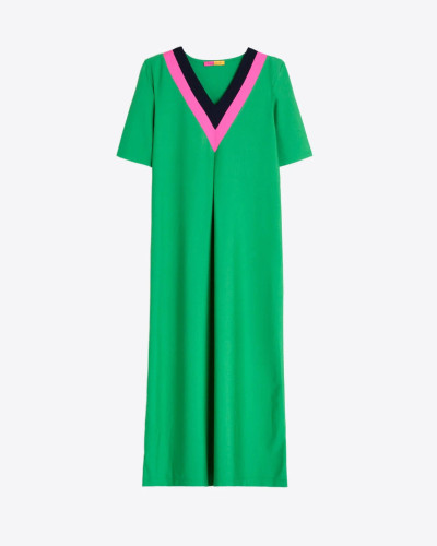 VESTIDO LARGO VERDE ESCOTE EN V EN CONTRASTE