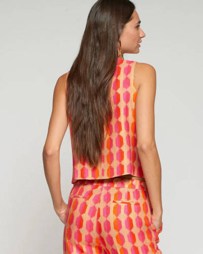 CHALECO ESTAMPADO GEOMÉTRICO ROSA Y NARANJA