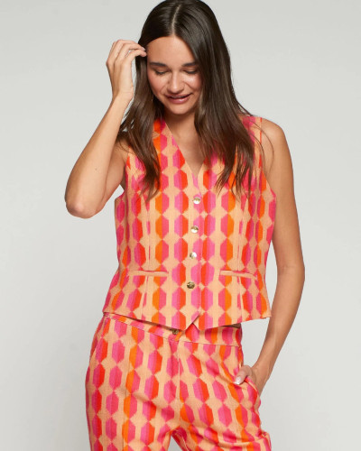 CHALECO ESTAMPADO GEOMÉTRICO ROSA Y NARANJA