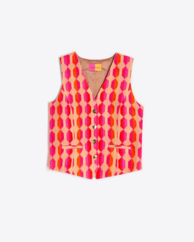CHALECO ESTAMPADO GEOMÉTRICO ROSA Y NARANJA