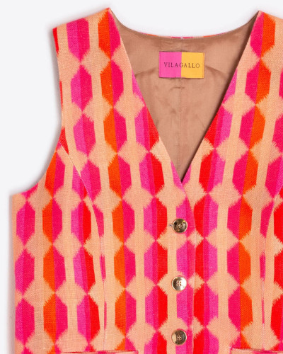 CHALECO ESTAMPADO GEOMÉTRICO ROSA Y NARANJA