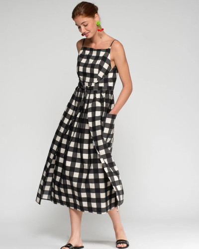 VESTIDO LARGO CUADROS VICHY BLANCO Y NEGRO