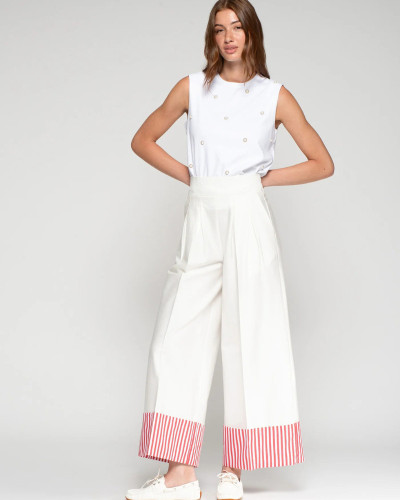 PANTALÓN BLANCO VUELTA RAYAS ROJAS