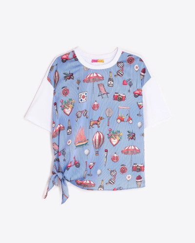 CAMISETA AZUL ESTAMPADO VINTAGE LAZO LATERAL