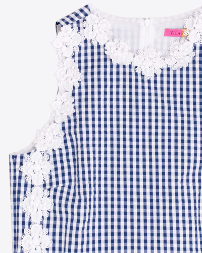 TOP CUADROS AZUL BORDADO DE FLORES