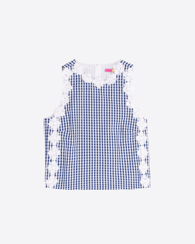 TOP CUADROS AZUL BORDADO DE FLORES