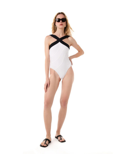 BAÑADOR ORQUIDEA BLANCO TIRANTES NEGROS NEGRO