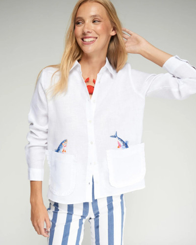 CAMISA BLANCA BORDADO PECES
