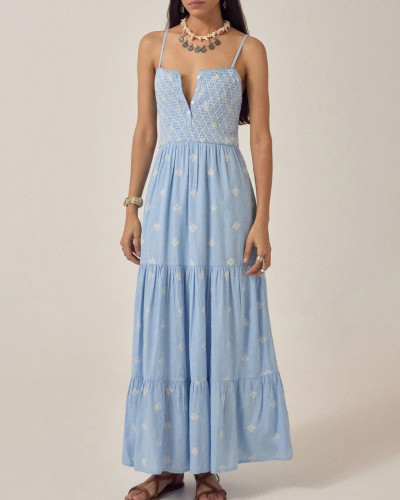 VESTIDO TIRANTE AZUL BORDADOS MARFIL