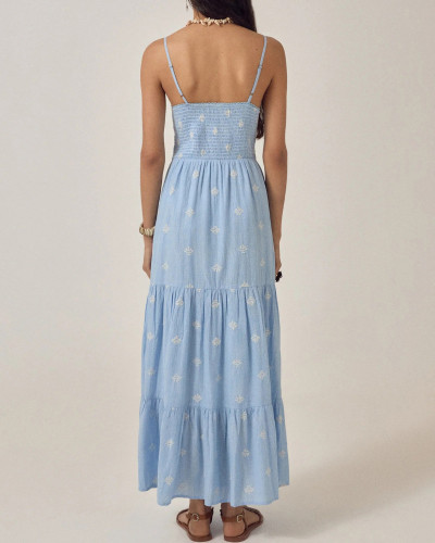 VESTIDO TIRANTE AZUL BORDADOS MARFIL