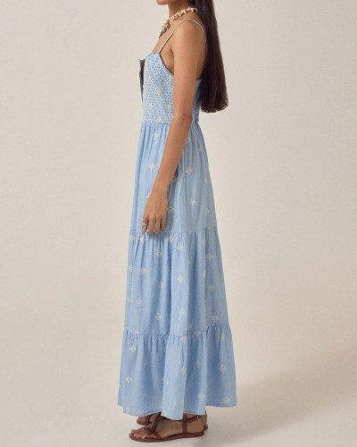 VESTIDO TIRANTE AZUL BORDADOS MARFIL
