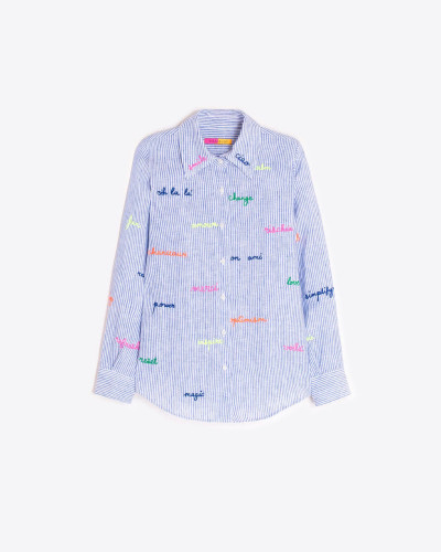 CAMISA AZUL RAYAS PALABRAS BORDADAS
