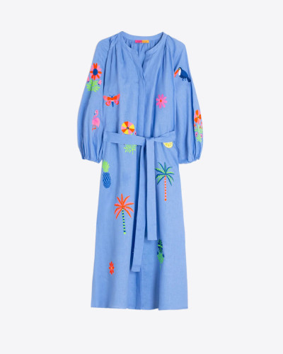 VESTIDO AZUL BORDADO TROPICALES