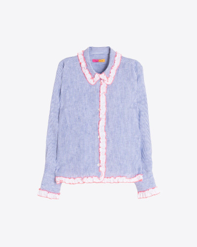 CAMISA RAYAS AZUL VOLANTES ROSA