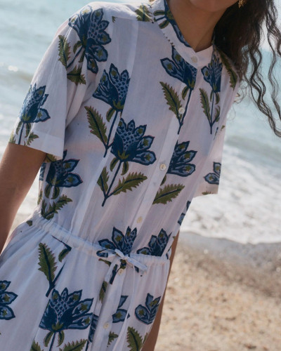 VESTIDO MANGA CORTA FLORES AZUL