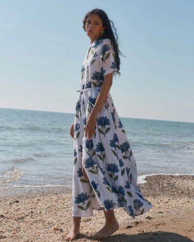VESTIDO MANGA CORTA FLORES AZUL