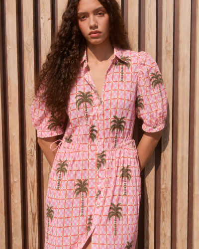 VESTIDO CAMISERO ROSA PALMERAS