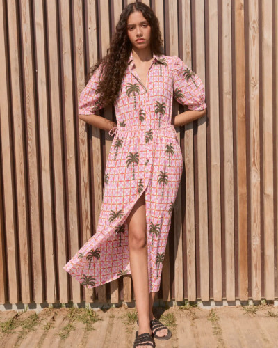 VESTIDO CAMISERO ROSA PALMERAS