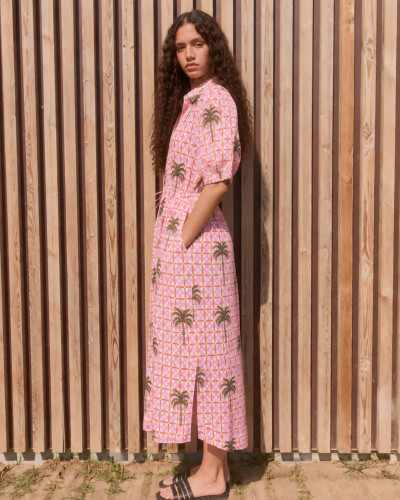 VESTIDO CAMISERO ROSA PALMERAS