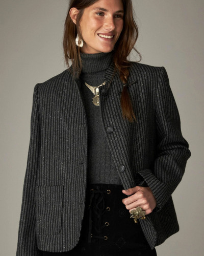 CHAQUETA CUELLO MAO RAYAS GRIS