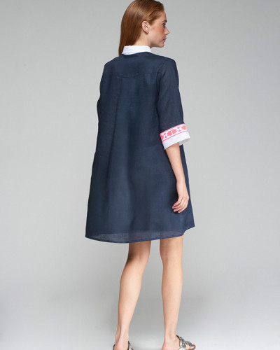 VESTIDO PUÑO BORDADO LINO AZUL