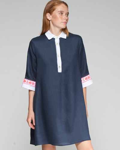 VESTIDO PUÑO BORDADO LINO AZUL