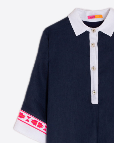 VESTIDO PUÑO BORDADO LINO AZUL