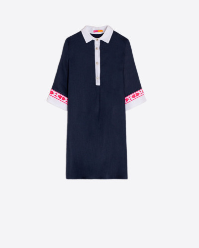 VESTIDO PUÑO BORDADO LINO AZUL